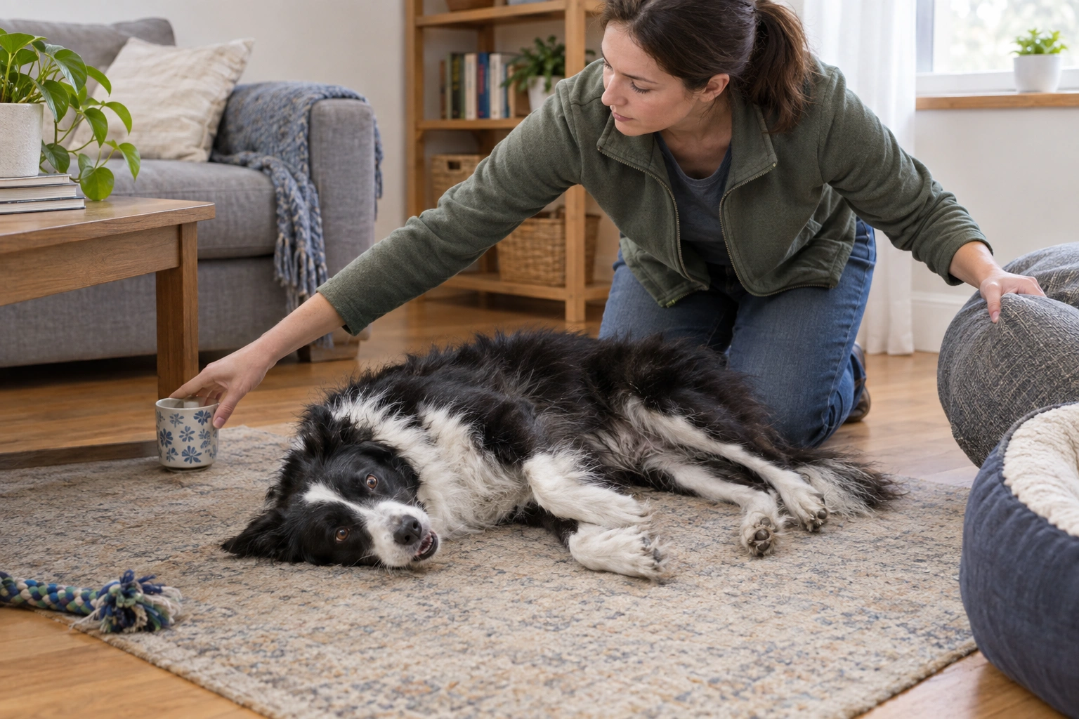 Owner protecting a dog safely during a seizure