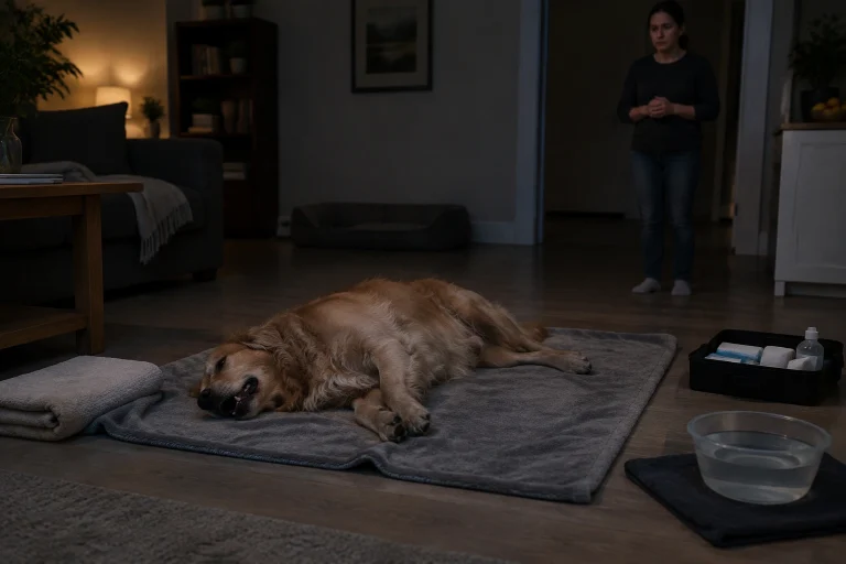 Owner clearing hazards while a dog has a seizure