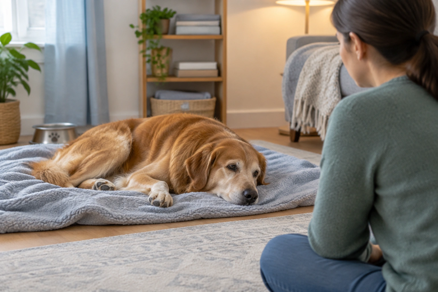 dog recovering after a seizure in a quiet room while owner monitors breathing and posture