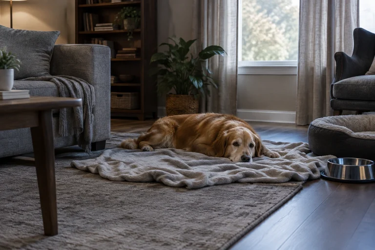 Quiet living room with hazards moved away and a soft blanket on the floor