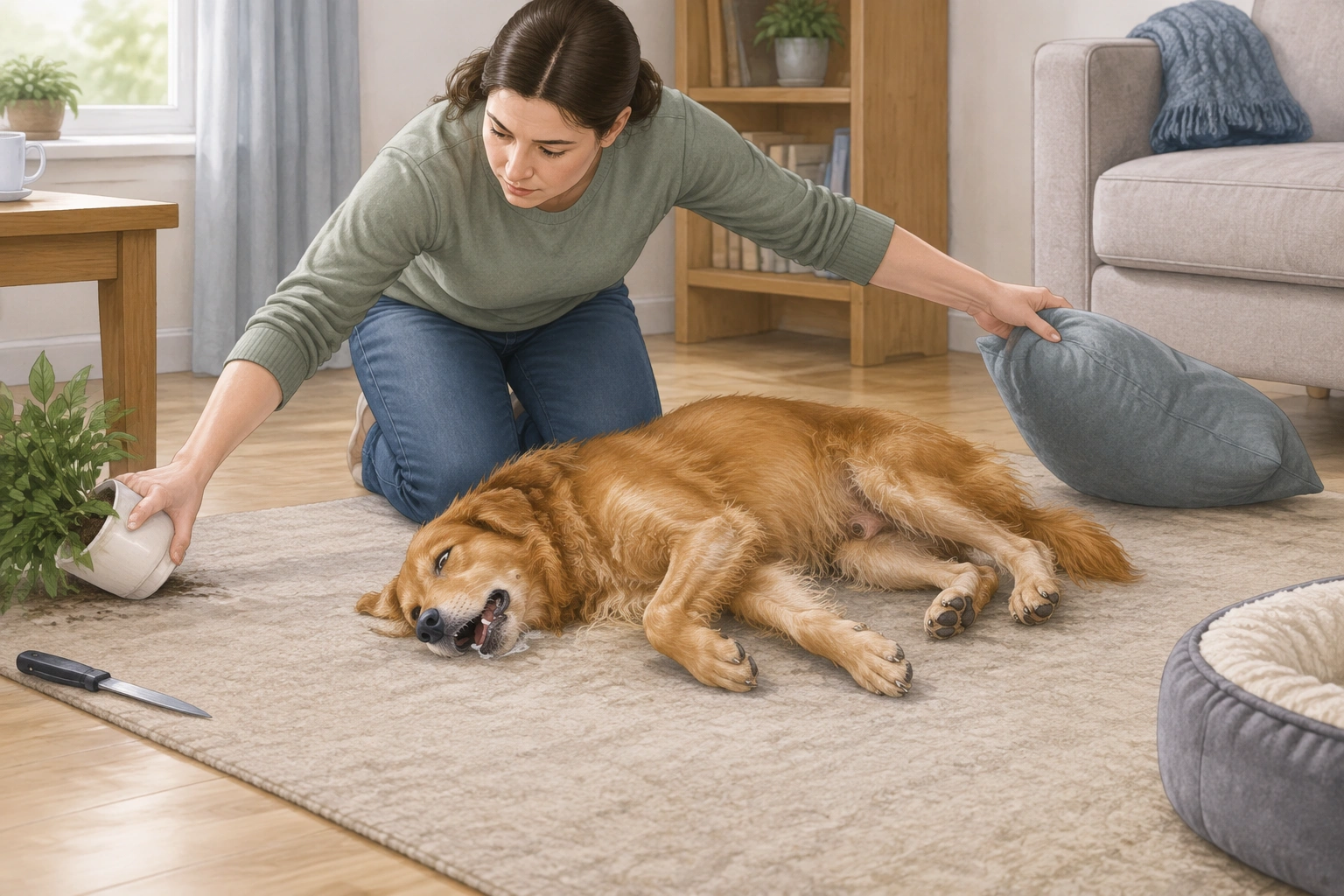 Dog seizure safety first aid scene with owner clearing hazards