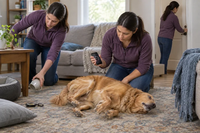 owner calmly timing a dog seizure while moving hazards away