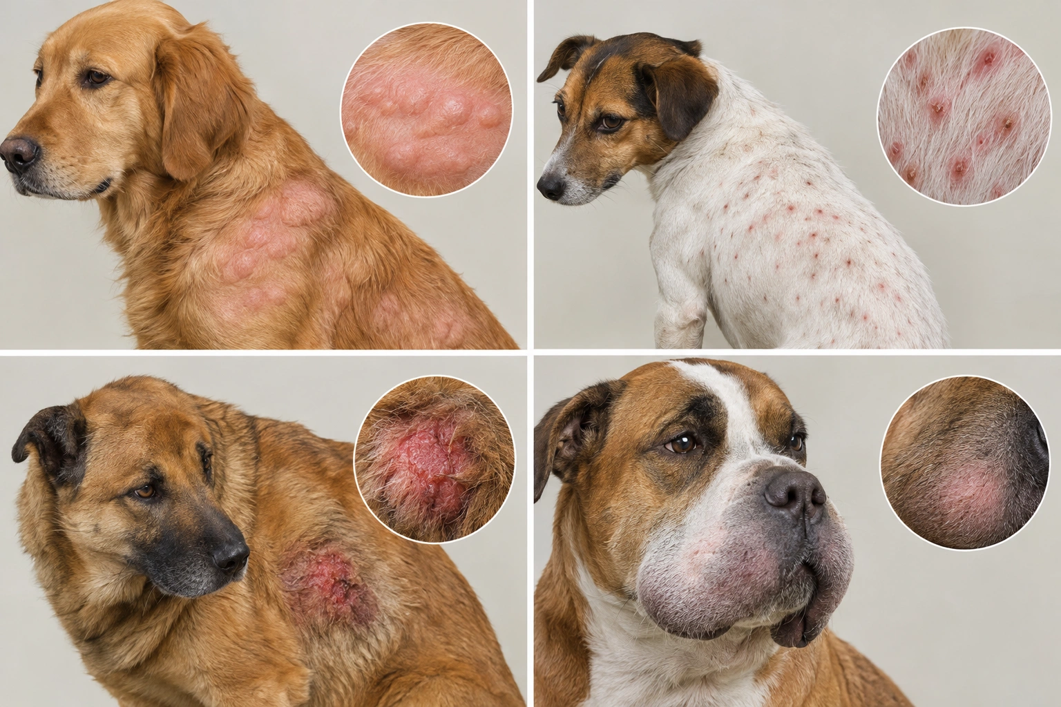 Side-by-side style visual comparison of dog skin bumps and swelling patterns