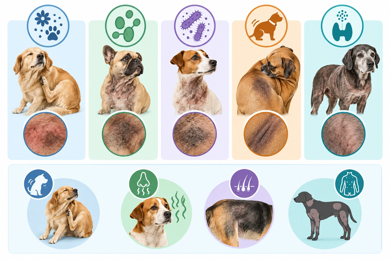 Comparison of dog skin darkening causes and symptoms