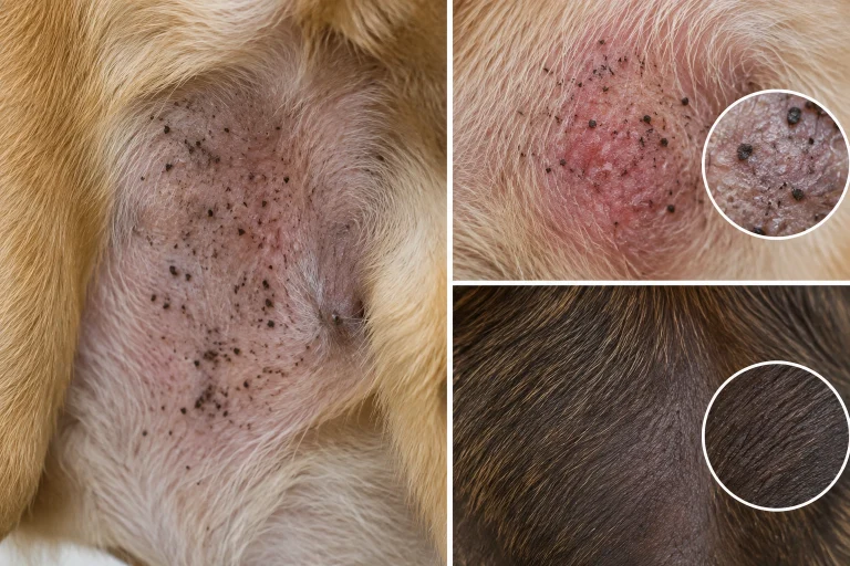 Close-up comparison of dog skin with dark spots, flea dirt, and irritated patches