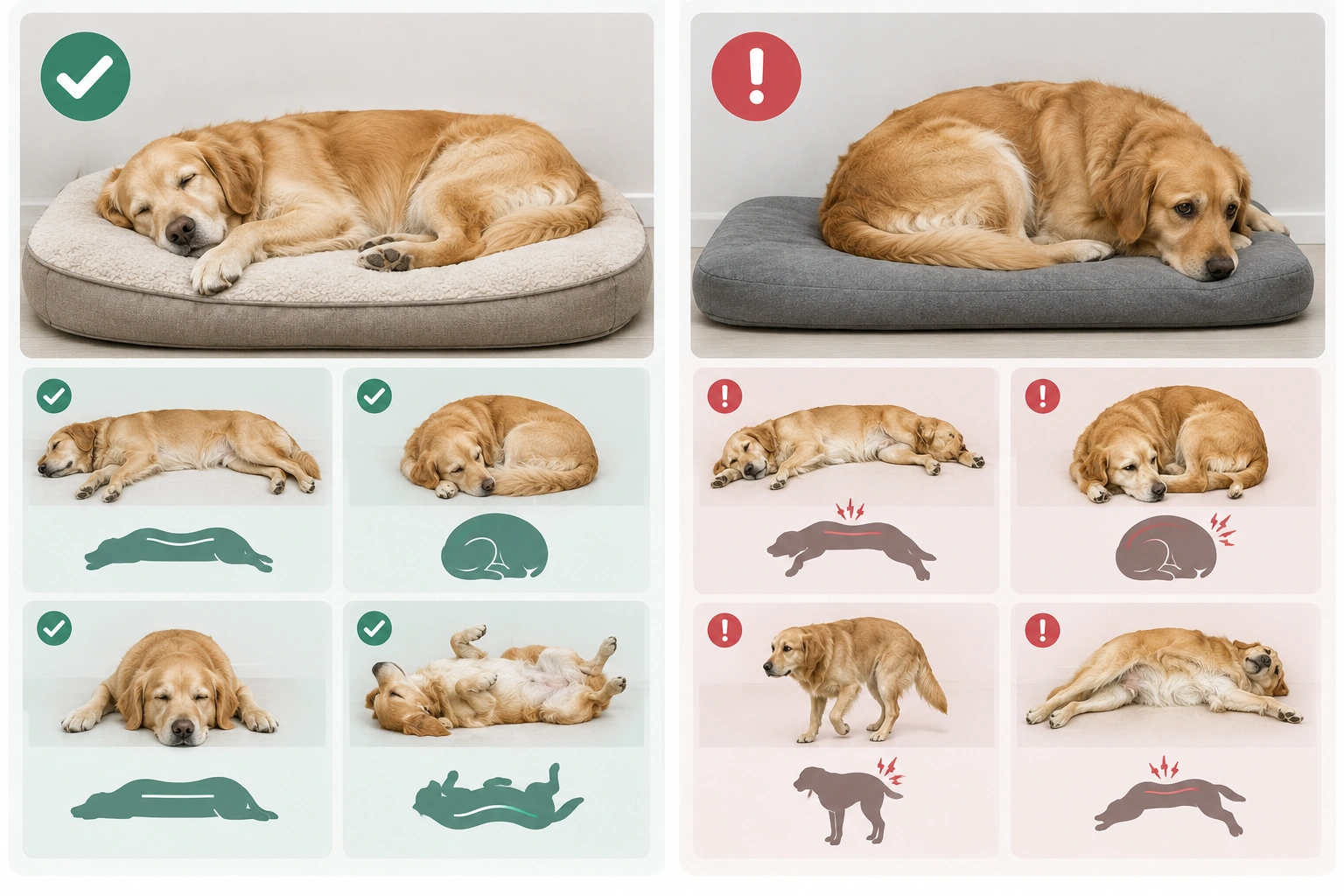 Dog sleeping posture comparison showing relaxed versus uncomfortable body language