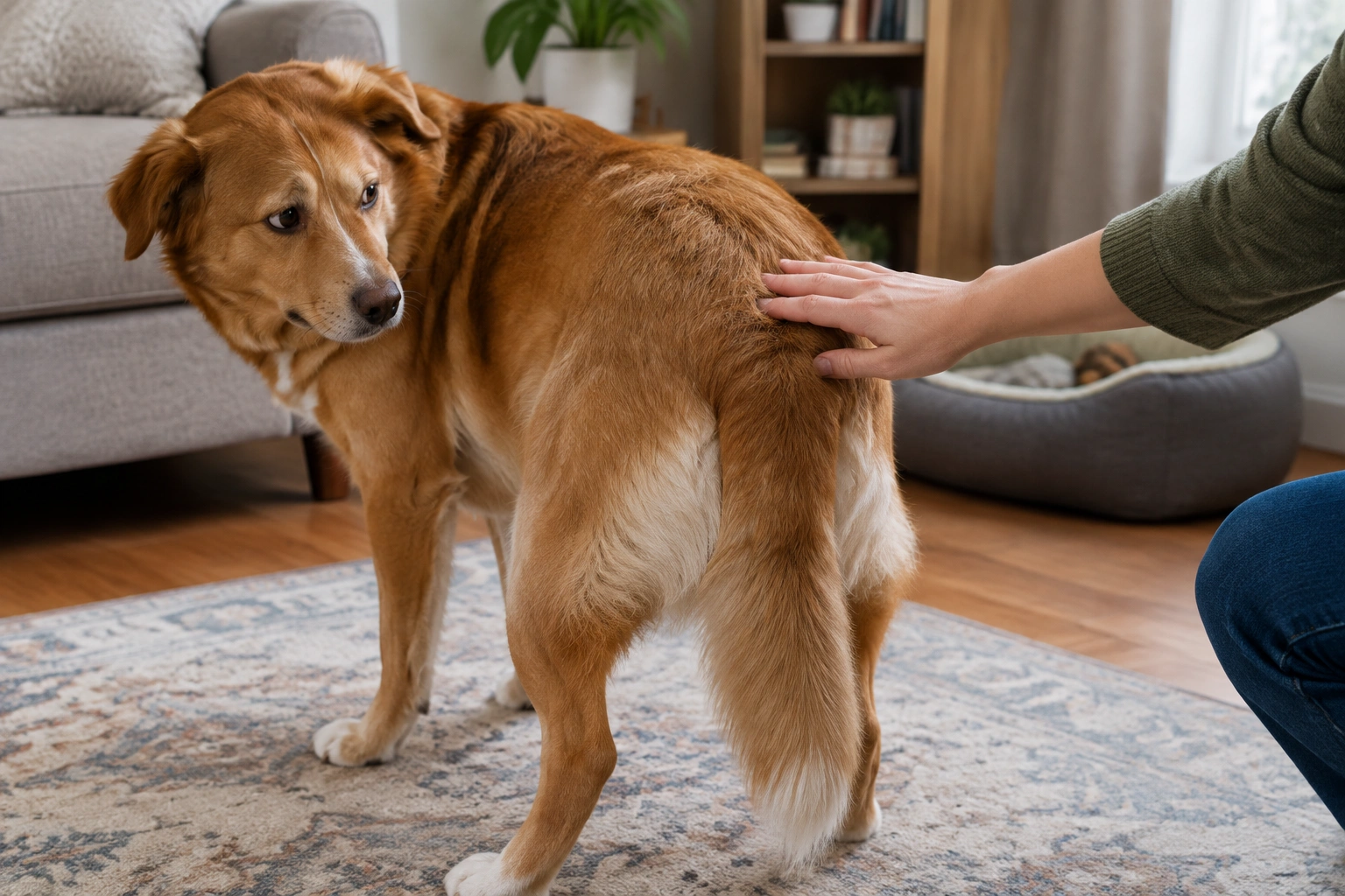 Dog showing pain by reacting when touched near the hips