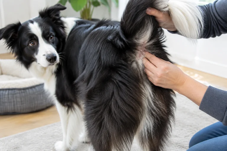 Owner gently inspecting a dog’s tail and skin for irritation