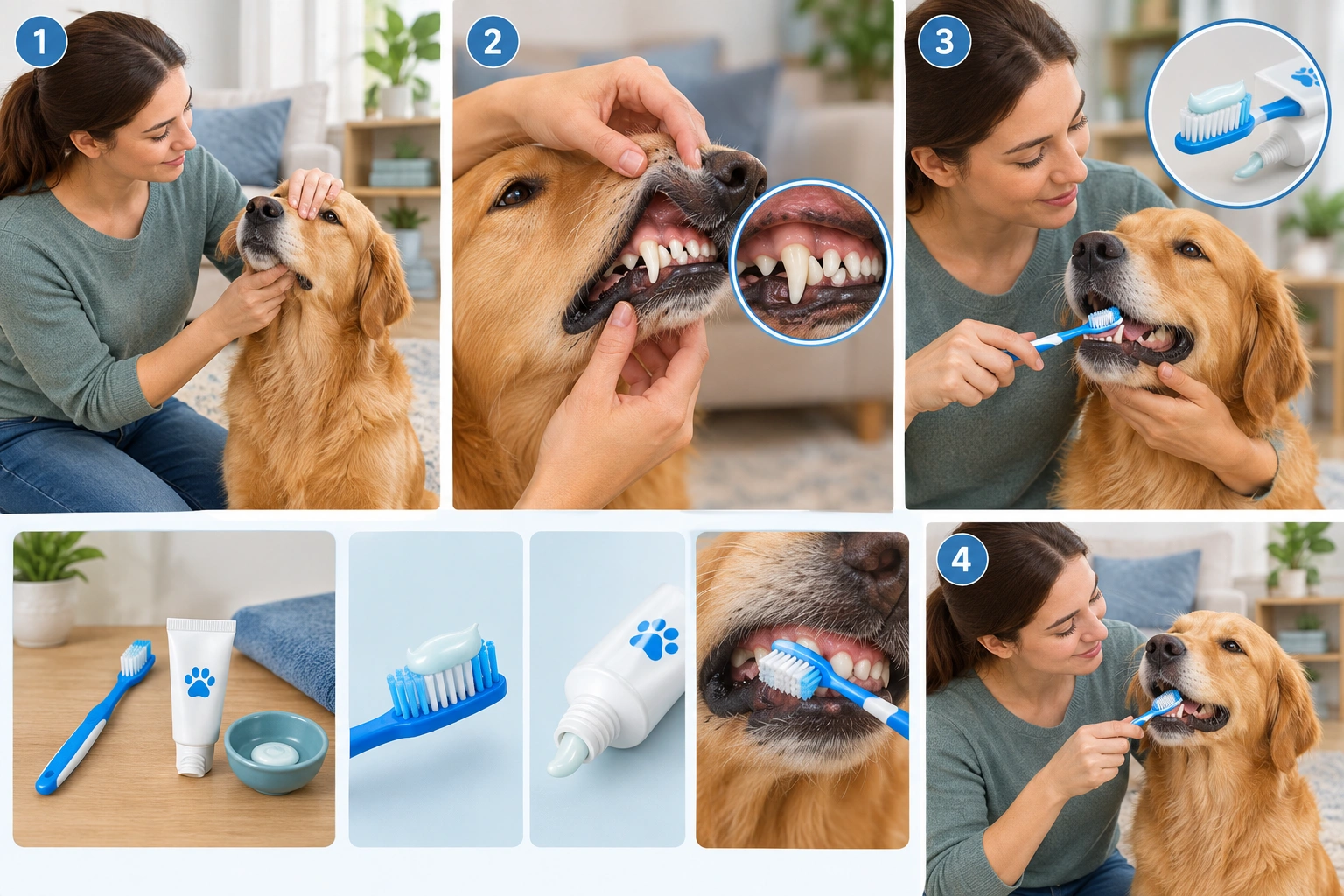 Step-by-step dog tooth brushing and mouth inspection routine