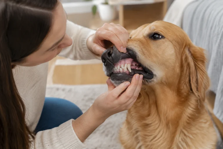 Dog owner gently checking a dog’s mouth for signs of tooth pain