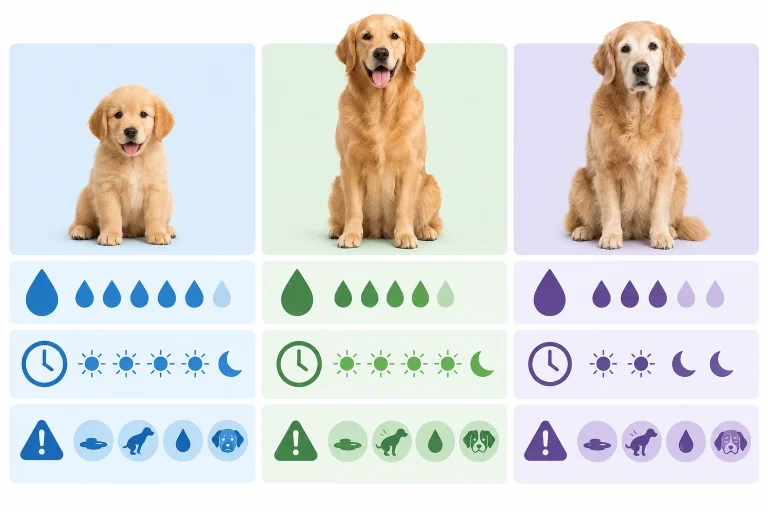 Chart comparing puppy, adult dog, and senior dog urination frequency