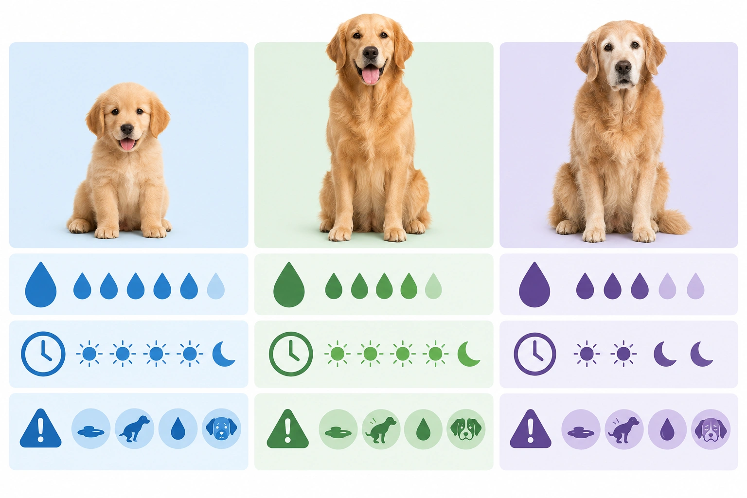 Chart comparing puppy, adult dog, and senior dog urination frequency