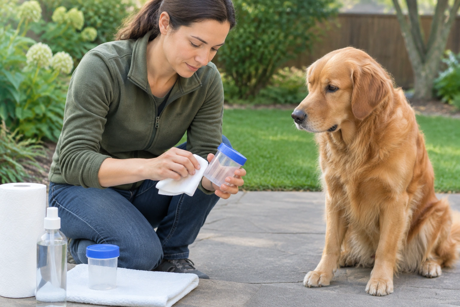 Dog owner preparing a clean container for urine collection