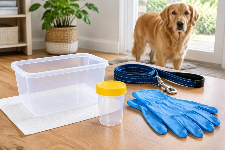 Dog urine sample collection setup with clean container and leash