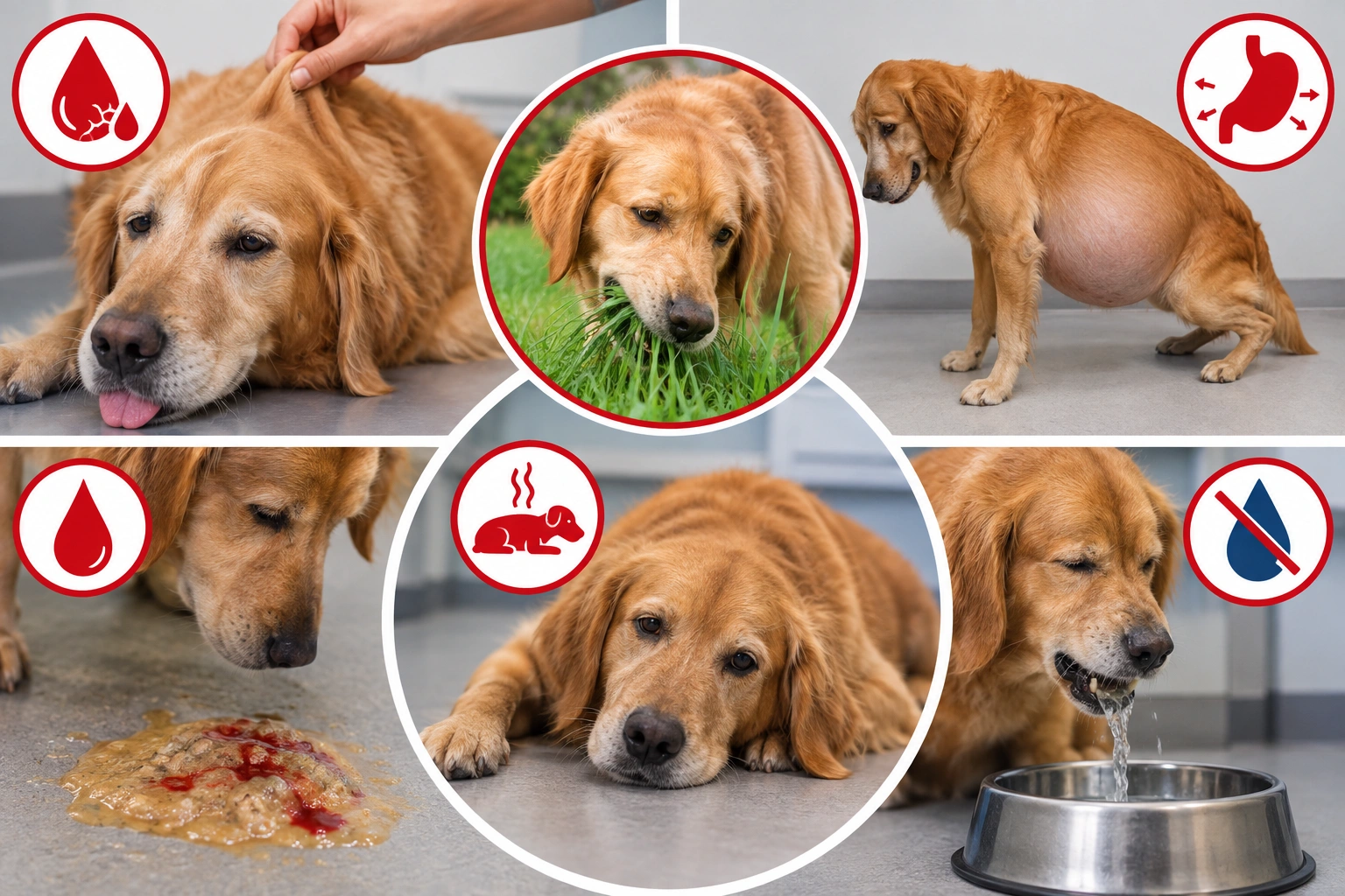 Dog vomiting after eating grass with red flag symptoms requiring veterinary care