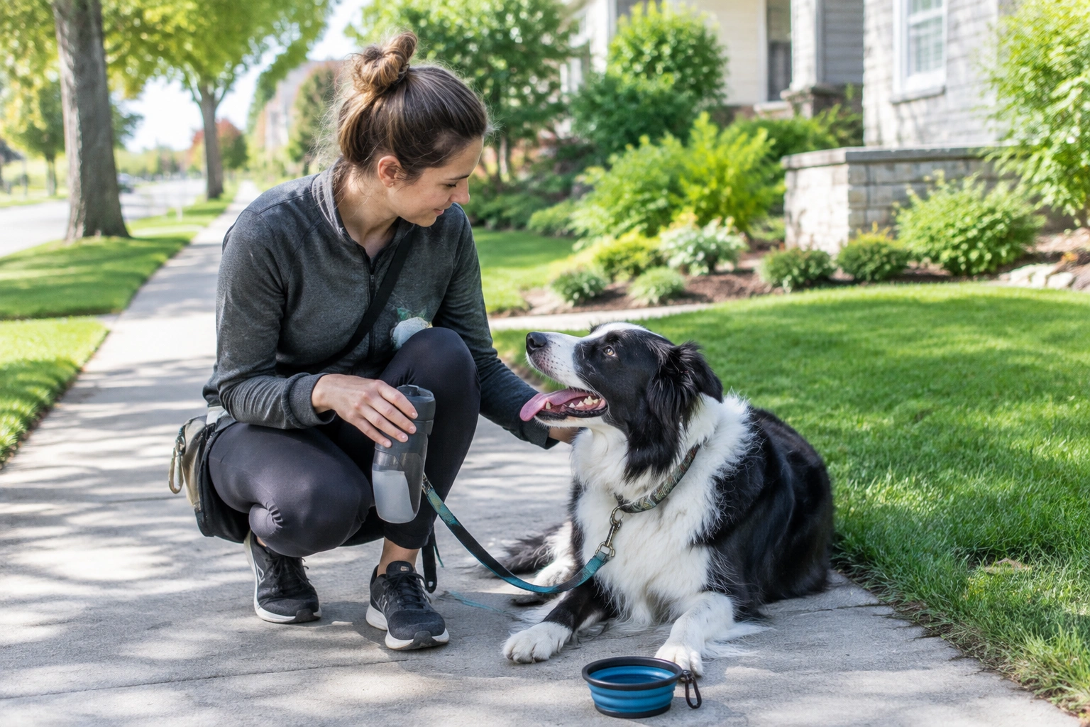 Dog walker helping a Border Collie during a midday check-in