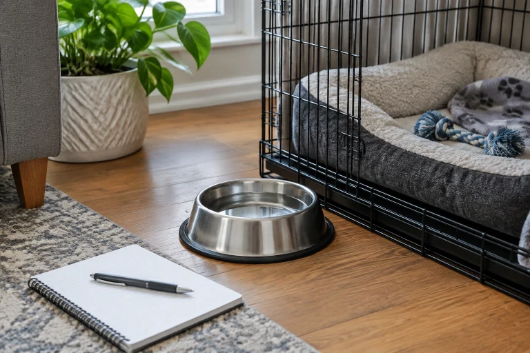Dog water bowl near a crate