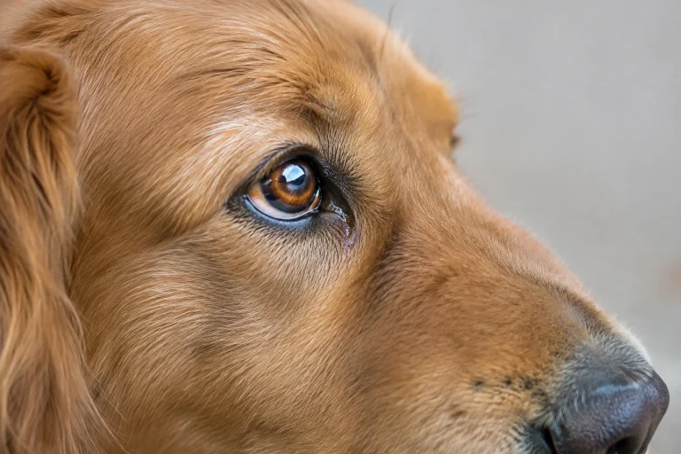 Close-up of a dog’s eye area with visible moisture around the eye