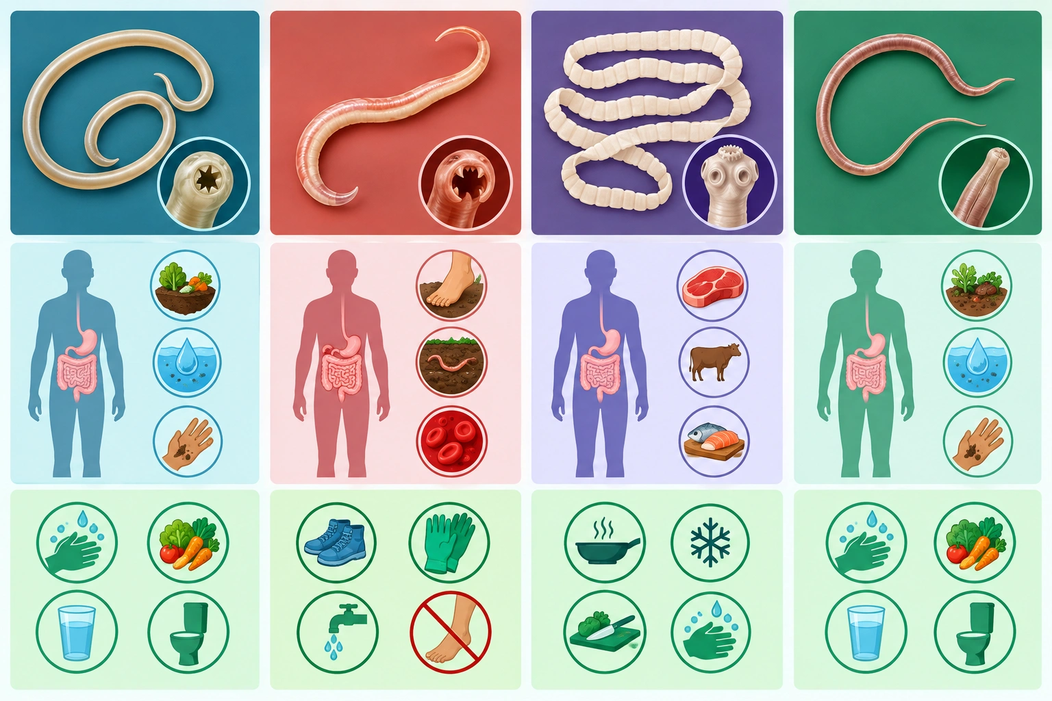 Simple comparison chart of roundworms hookworms tapeworms and whipworms