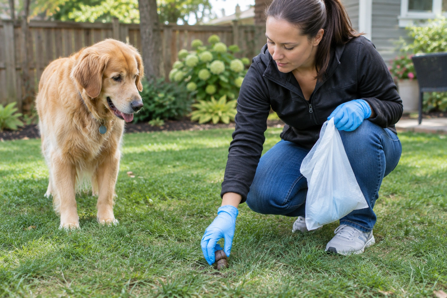 Owner cleaning up dog feces with gloves near a yard