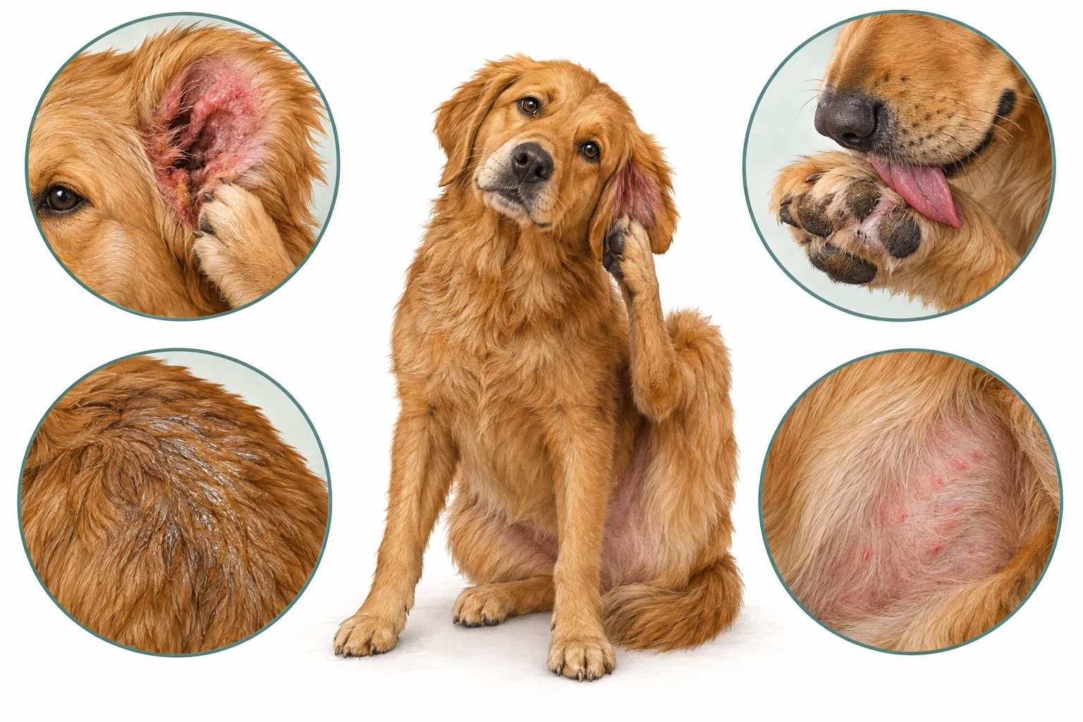 Dog with yeast infection signs on ears and paws