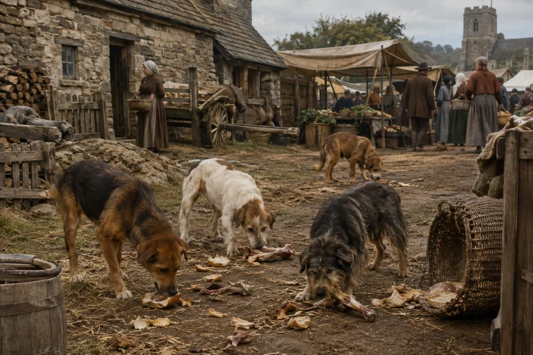 Historical illustration of dogs eating scraps before commercial dog food
