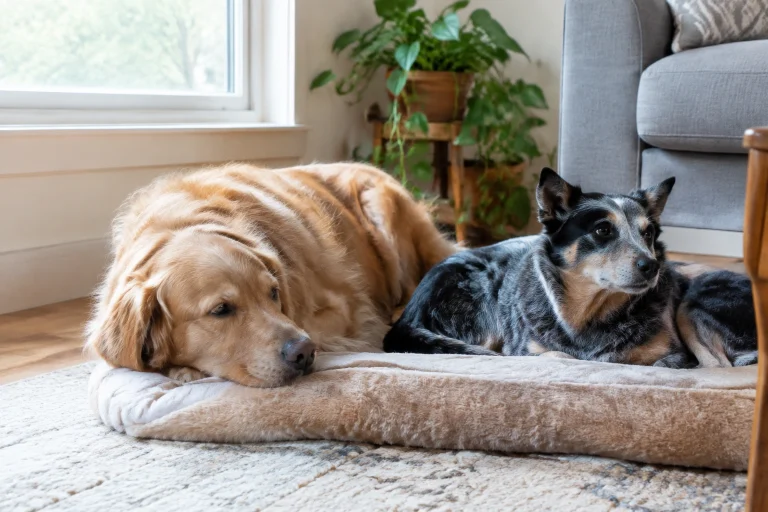 Two dogs resting near each other in a calm home setting