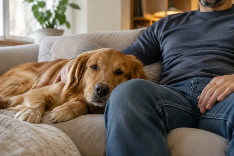 A calm dog resting beside a person indoors