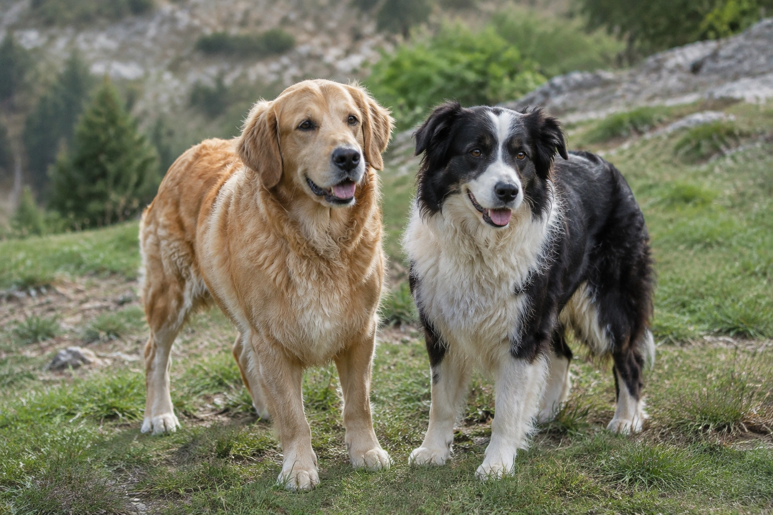 Two dogs standing close with relaxed posture and soft body language