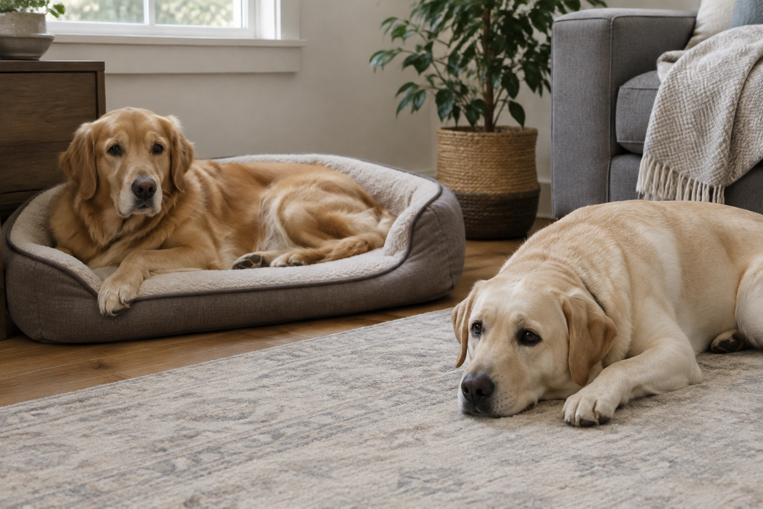 Two dogs lying calmly in the same room with relaxed posture