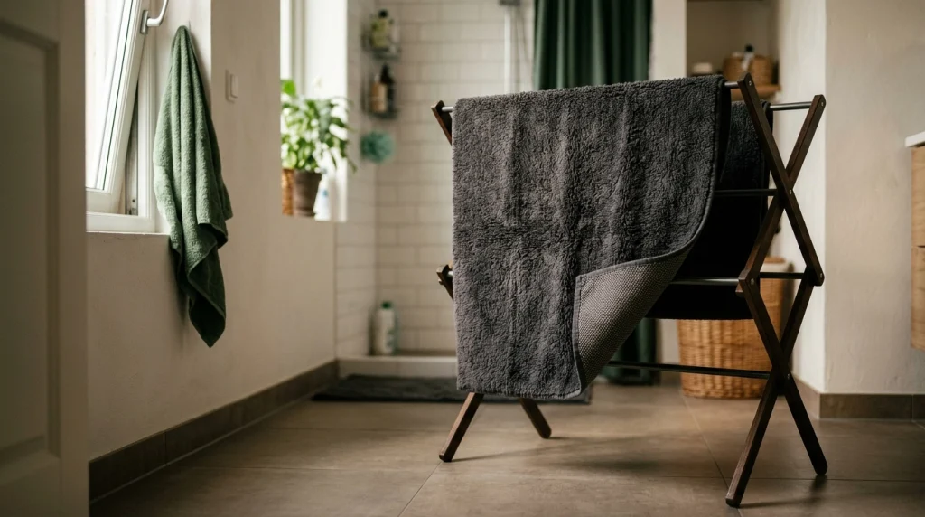 Freshly washed bath mat drying on a rack near a window in a clean bathroom.