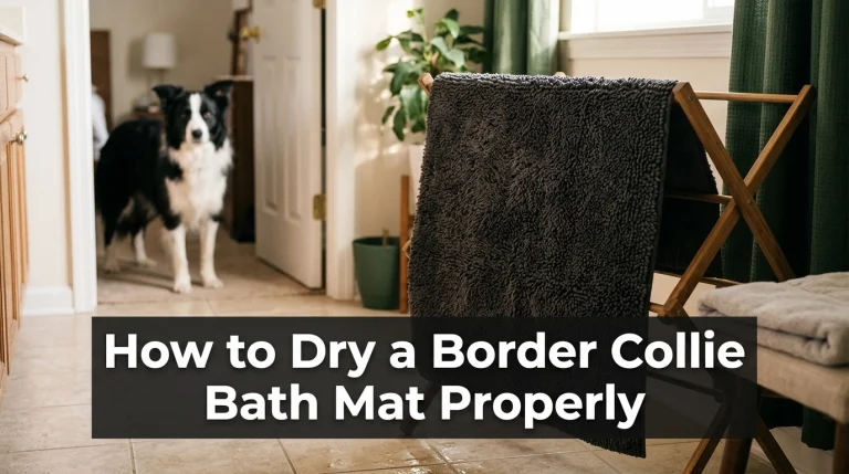 Border Collie beside an absorbent bath mat drying on a rack in a home bathroom.