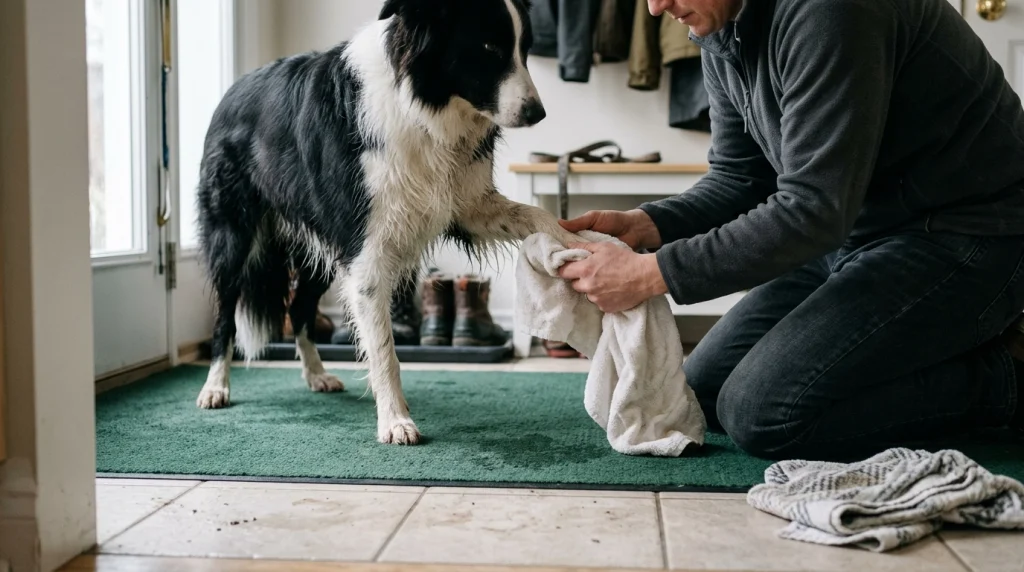 Owner gently drying a Border Collie's wet paw with a towel on a secure entryway mat.