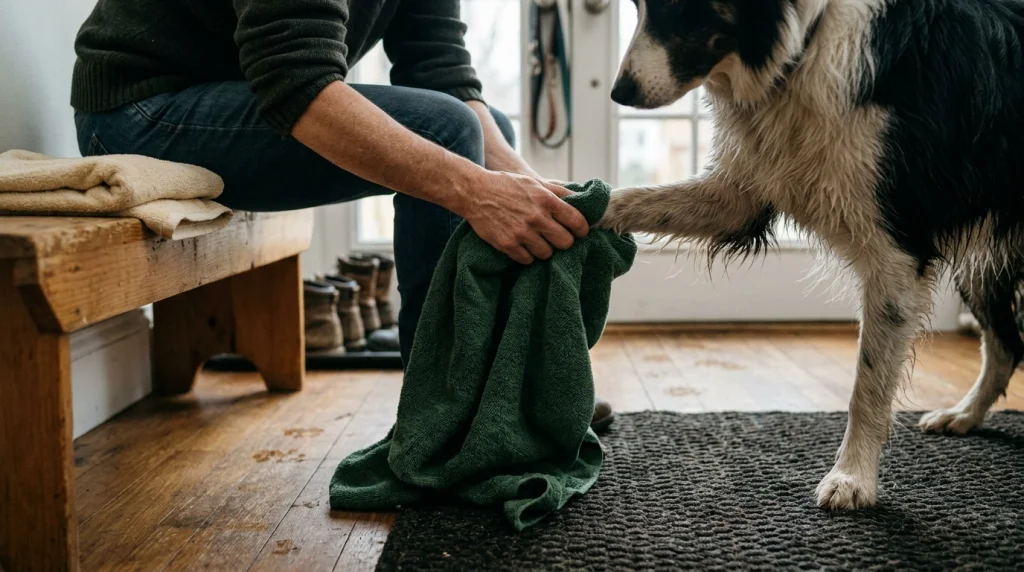 Owner gently drying a Border Collie’s front paw with a microfiber towel in a home entryway.