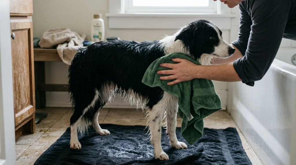 Owner gently pressing an absorbent towel against a damp Border Collie's coat.