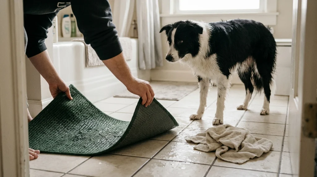 A person lifts a washable Border Collie bath mat to dry its underside after bathing.