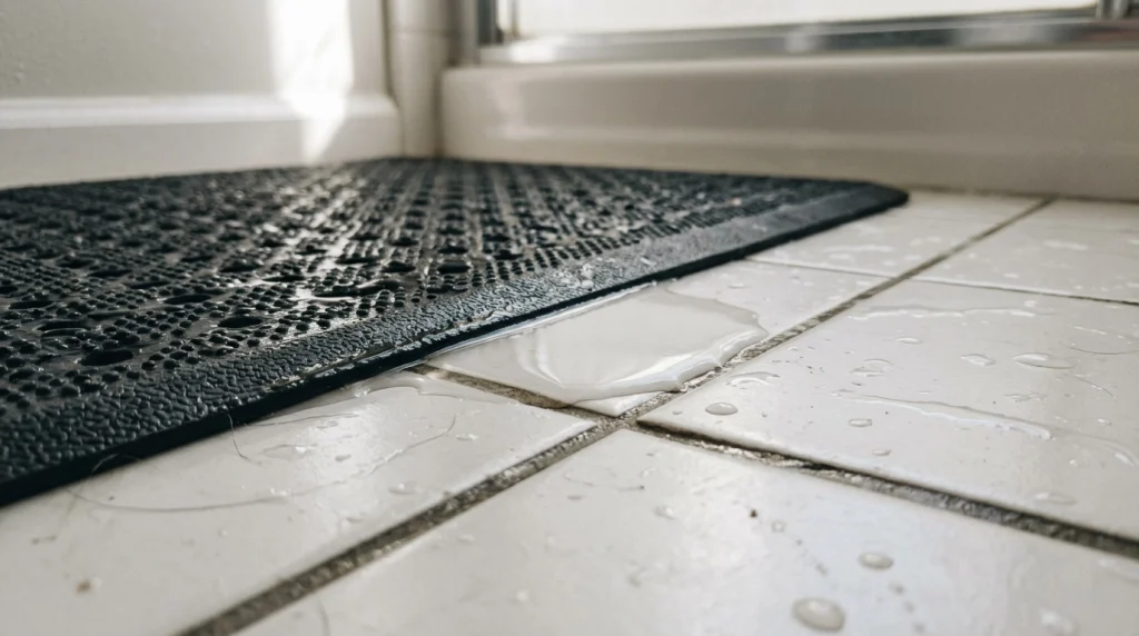 Towel drying a bathroom floor and mat after bathing a dog.