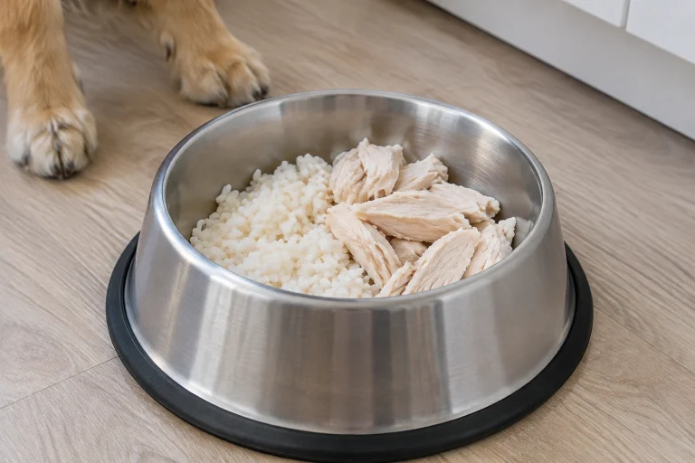 Bowl with plain cooked chicken and rice for a dog