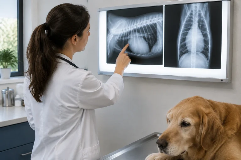 Veterinarian reviewing dog chest X-rays for heart size