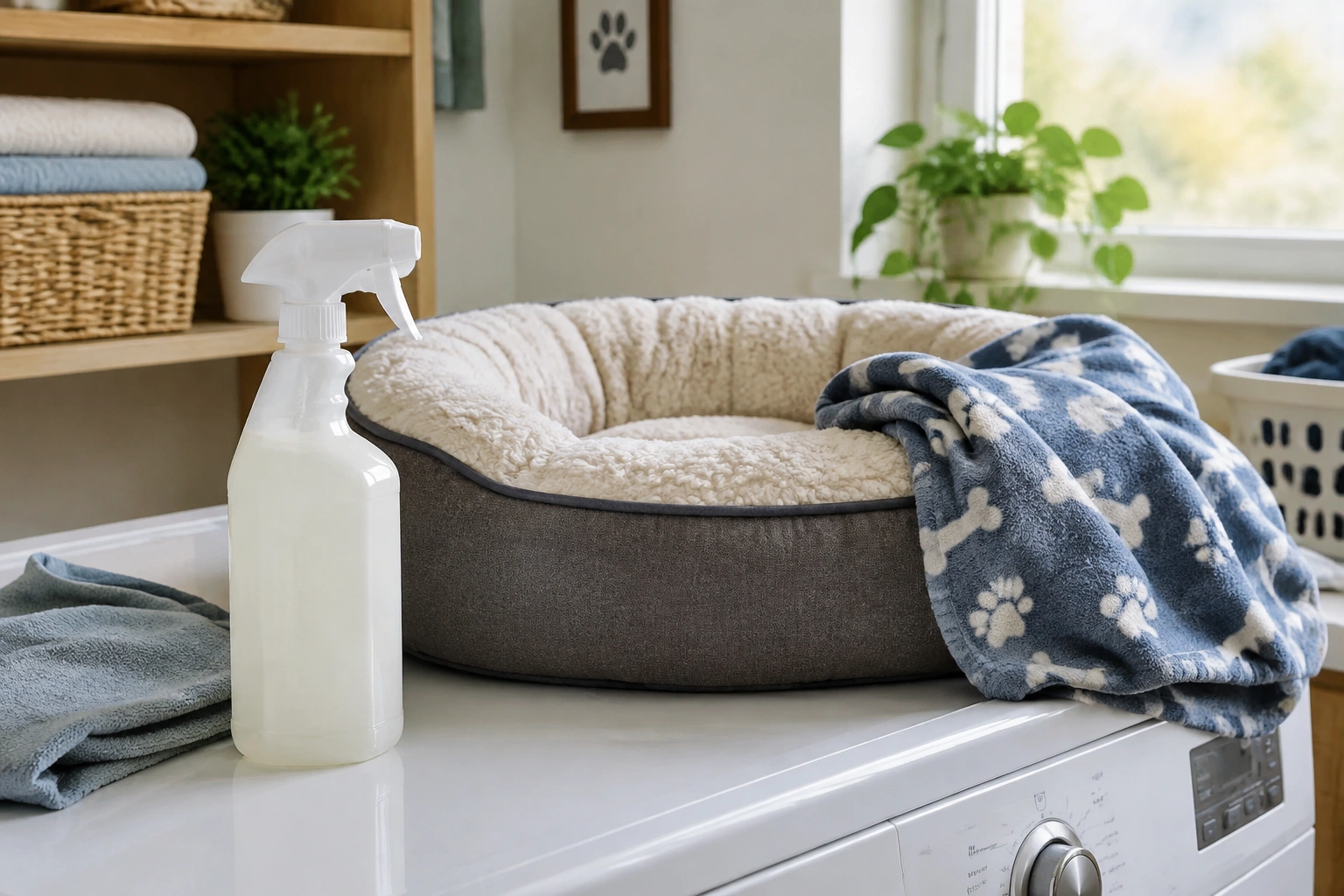 Pet-safe enzyme cleaner beside washed dog bedding on a laundry surface