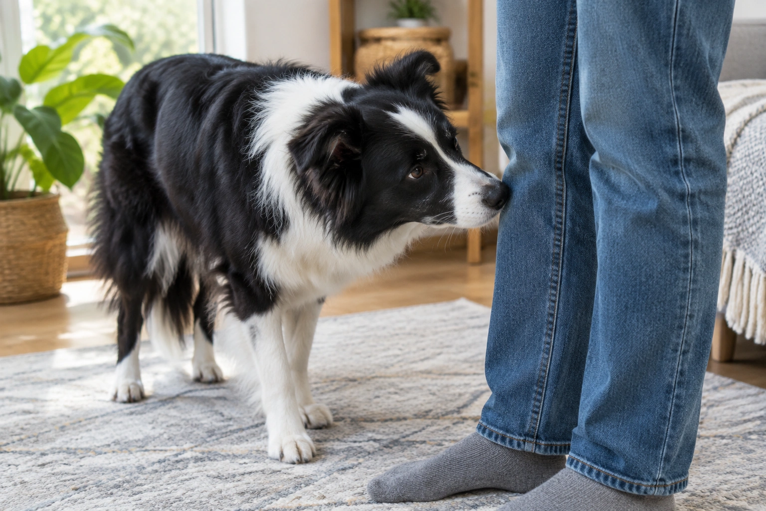 Female dog sniffing near her owner during menstruation
