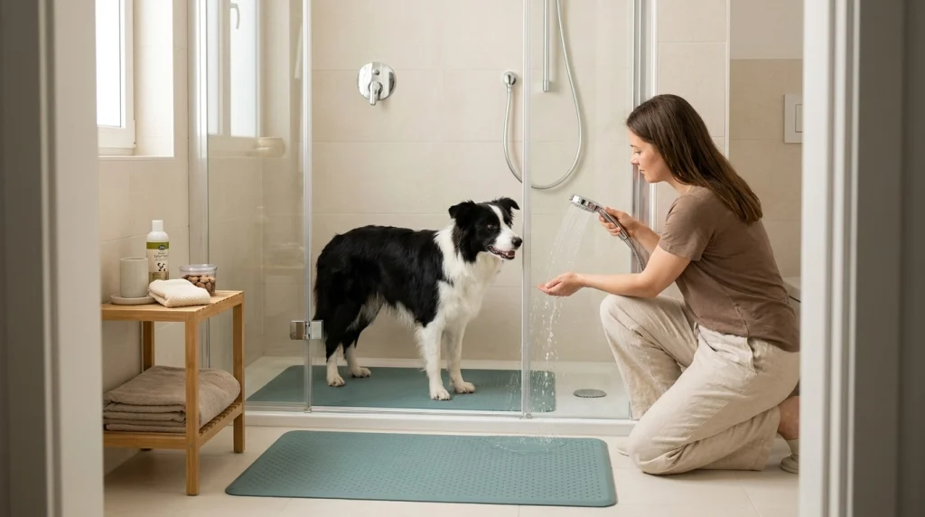 Owner tests shower water beside a calm Border Collie with non-slip mats and bathing supplies ready.