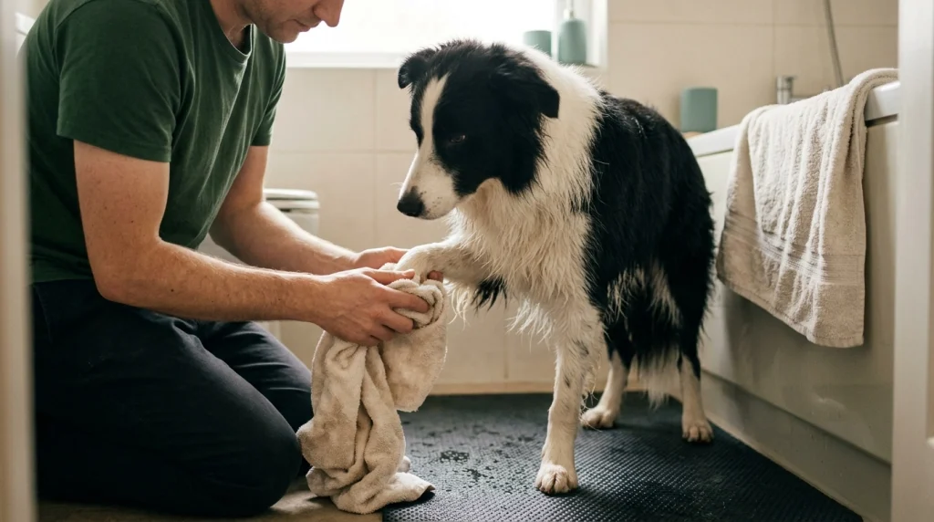 Owner gently drying a Border Collie's paw with a towel while the dog stands on a non-slip bathroom mat.