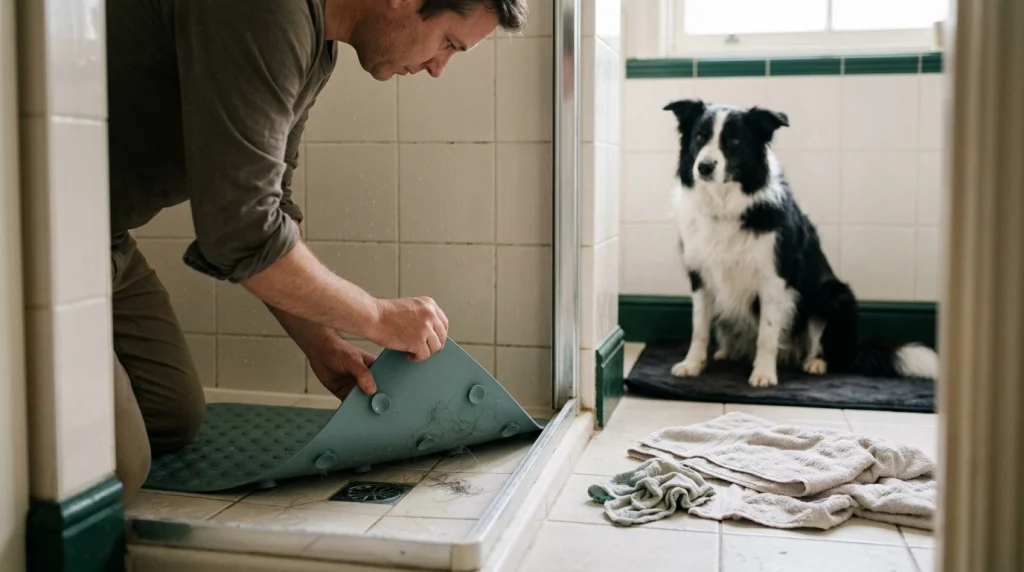 Owner checking a loose dog bath mat and blocked drainage while a Border Collie waits safely outside the shower.