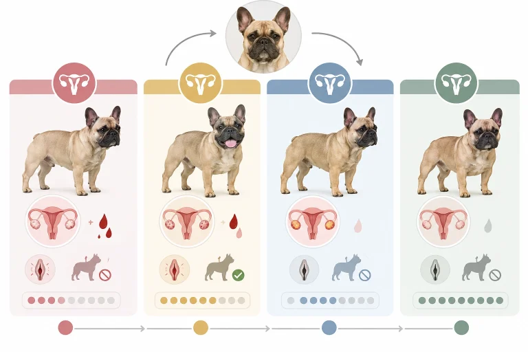 Timeline showing proestrus, estrus, diestrus, and anestrus in a French Bulldog heat cycle