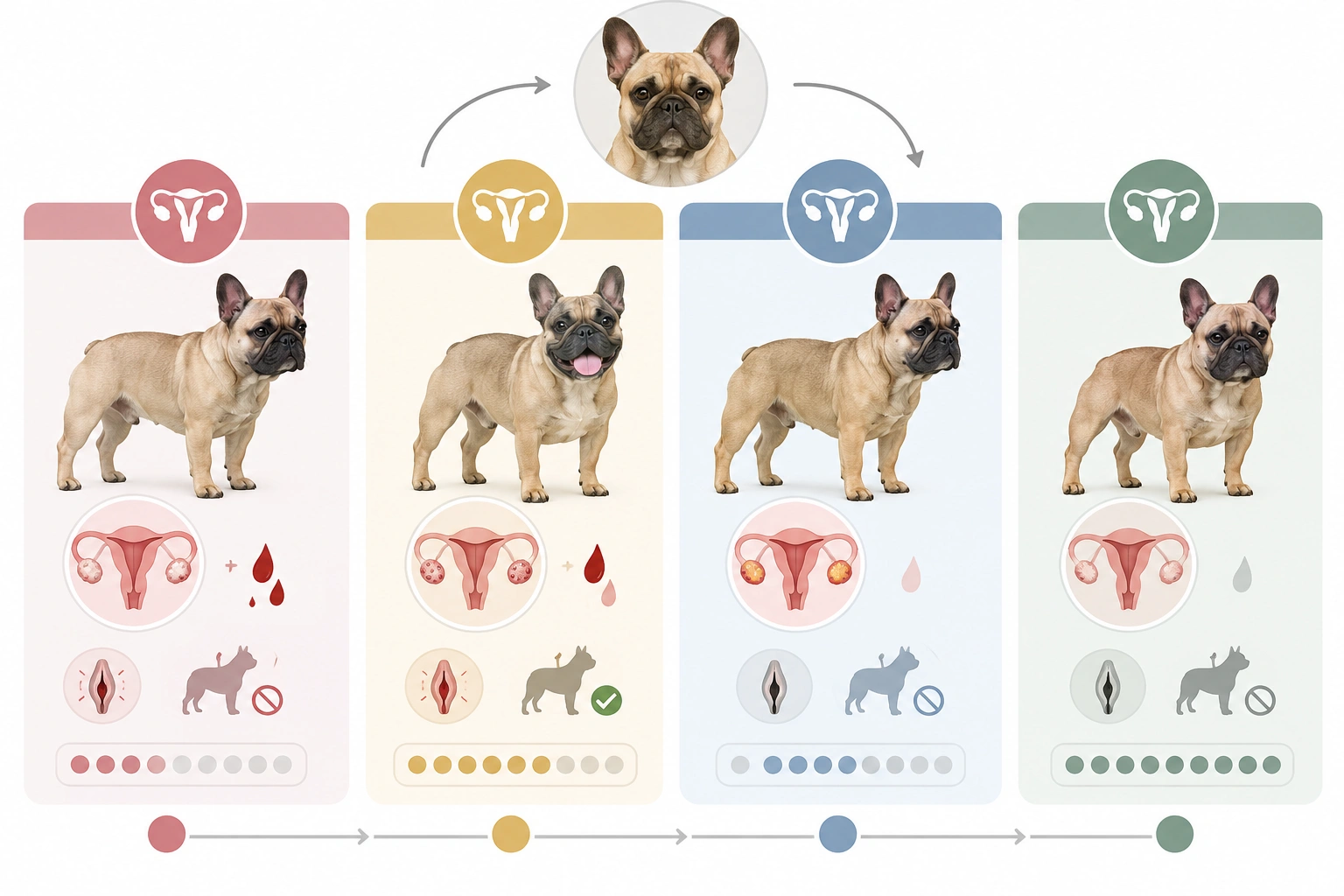 Timeline showing proestrus, estrus, diestrus, and anestrus in a French Bulldog heat cycle