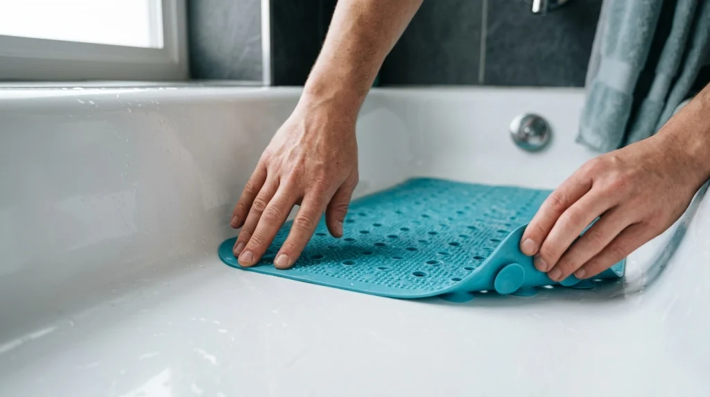 Hands pressing an aquatic-blue non-slip bath mat to check suction cups and drainage holes before bathing a Border Collie.