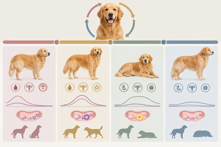 Golden Retriever female in heat cycle timeline illustration