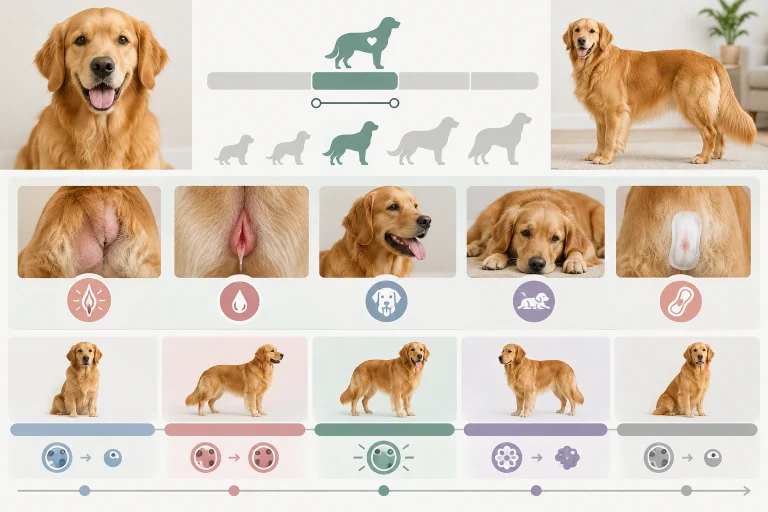 Golden Retriever heat cycle timeline showing first heat timing and early signs