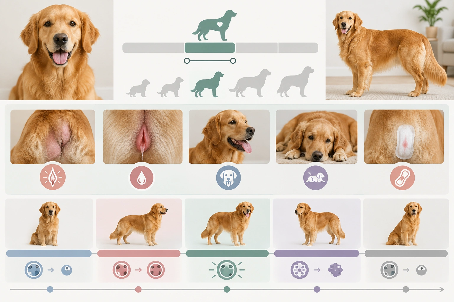 Golden Retriever heat cycle timeline showing first heat timing and early signs